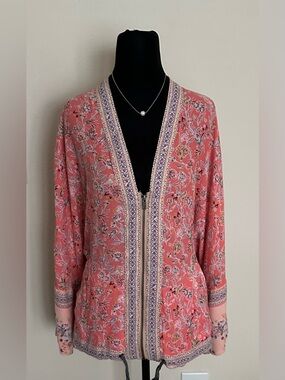 Free People Coral Floral Border-Trim Zip Utility Jacket